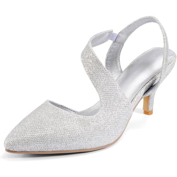 Rhinestone Kitten Silver Low Heel Sparkly Pumps for Women Dressy Wedding Shoes - Picture 1 of 9